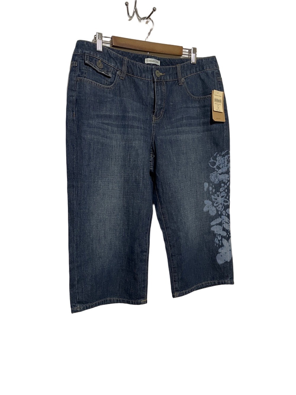 COLDWATER Creek Dark Wash Denim Capri Jeans with Side Floral Print 16P